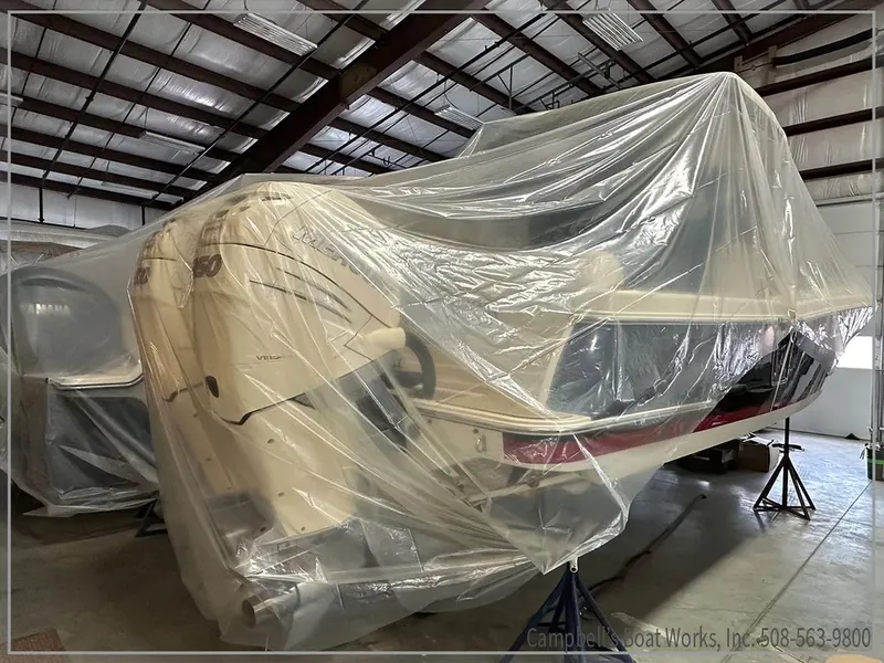 Shrink wrapped boat in winter storage