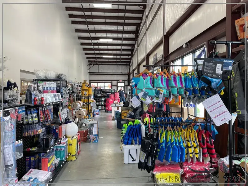 Aisle of marine supplies inside Campbell's boating supply store